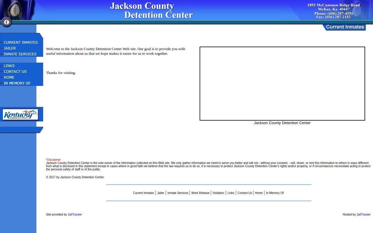 Jackson County Detention Center website with Current Inmates access