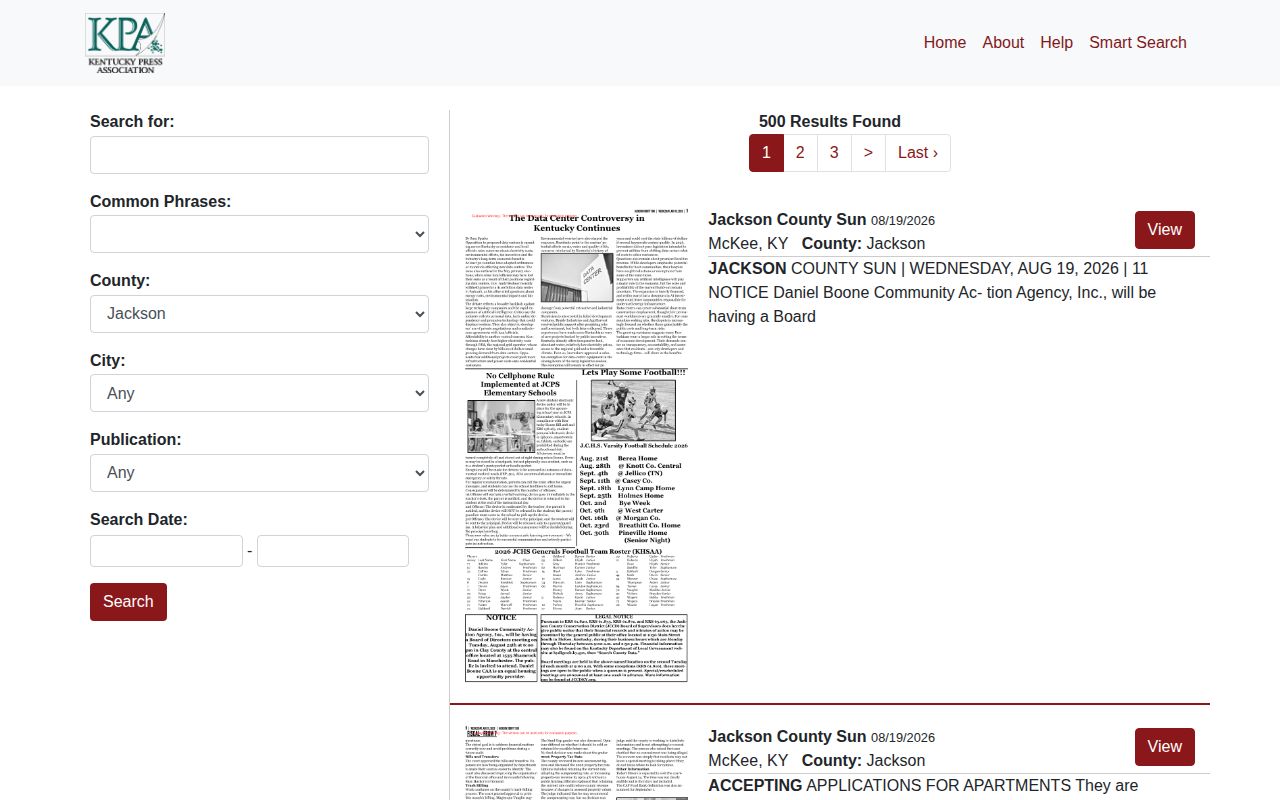 Kentucky Public Notices search for Jackson County Sun issue archives