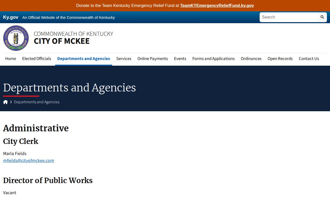 City of McKee departments page listing the McKee Police Department
