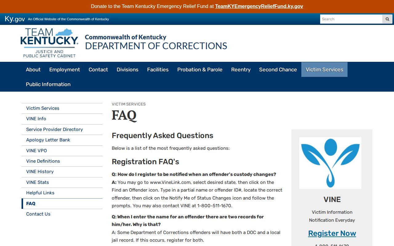 Kentucky VINE FAQ describing custody notification access