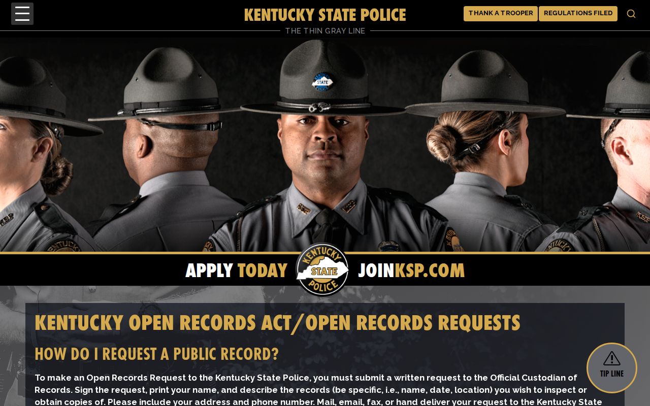 Kentucky State Police open records request page